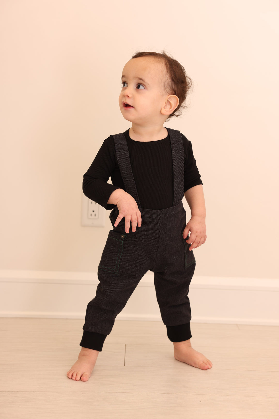 one piece denim corduory overall with contrast stitching - black denim/green