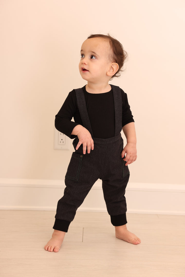 one piece denim corduory overall with contrast stitching - black denim/green