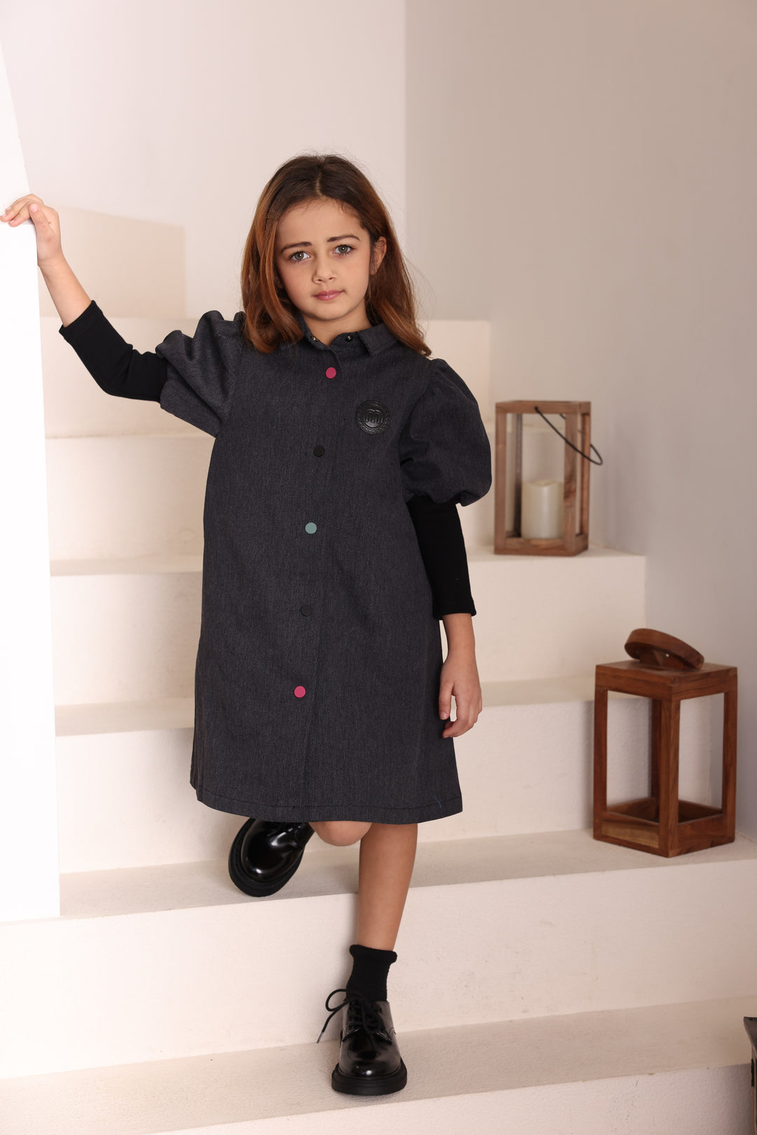 dress collared snap front with black sleeves - black denim