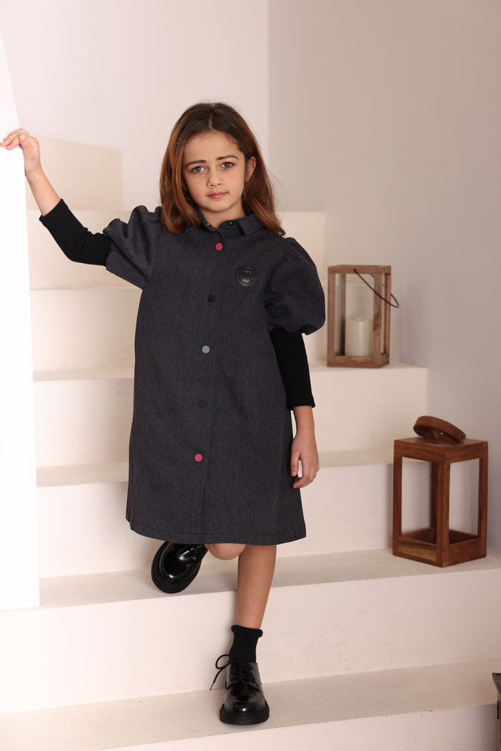 dress collared snap front with black sleeves - black denim