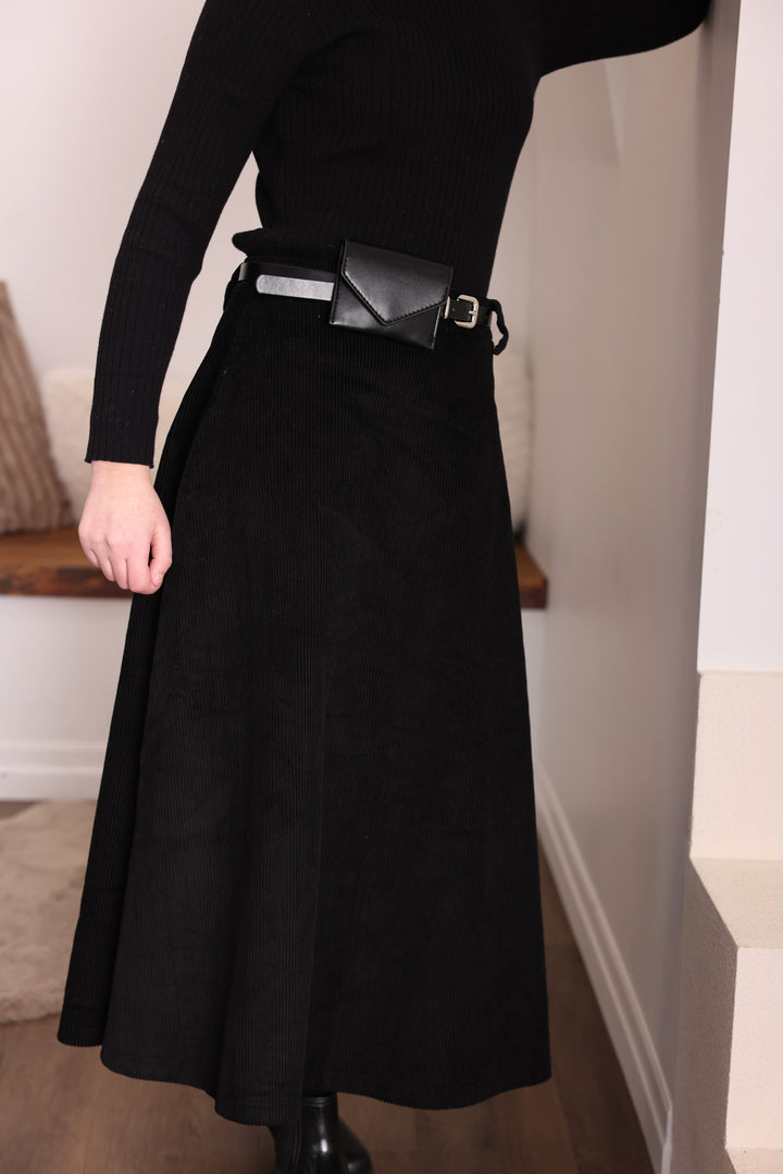 skirt corduroy a line with pocket belt - black/black