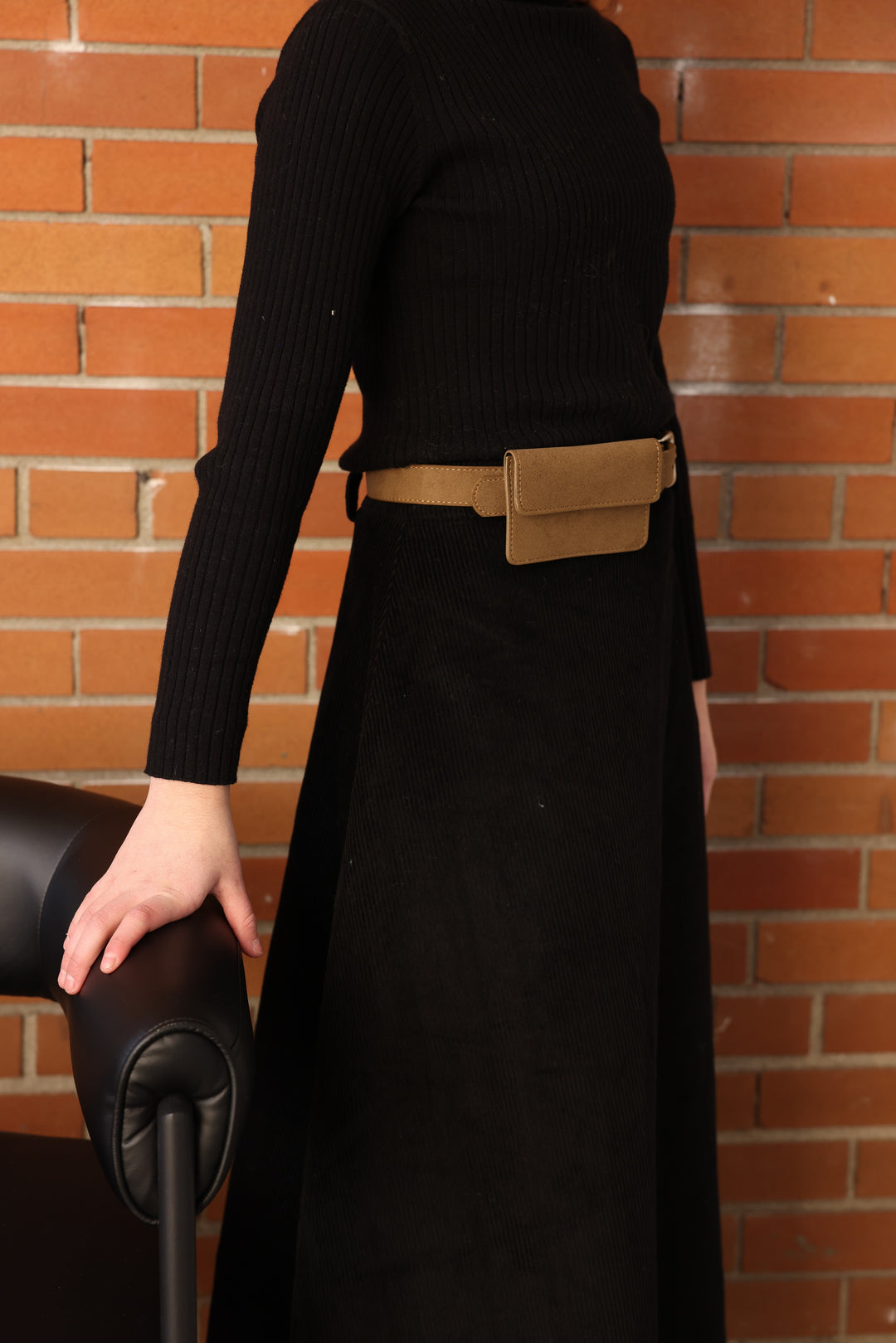 skirt corduroy a line with pocket belt - black/brown