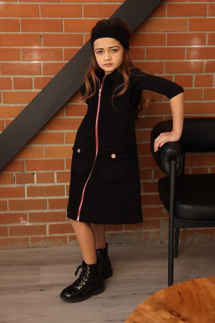 dress sleeveless corduroy front zip up with collar - black/red