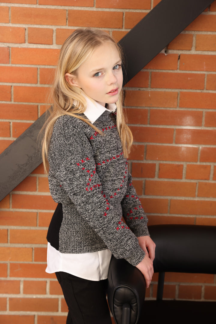 top l/s melange knit with x stitching - black melange/red