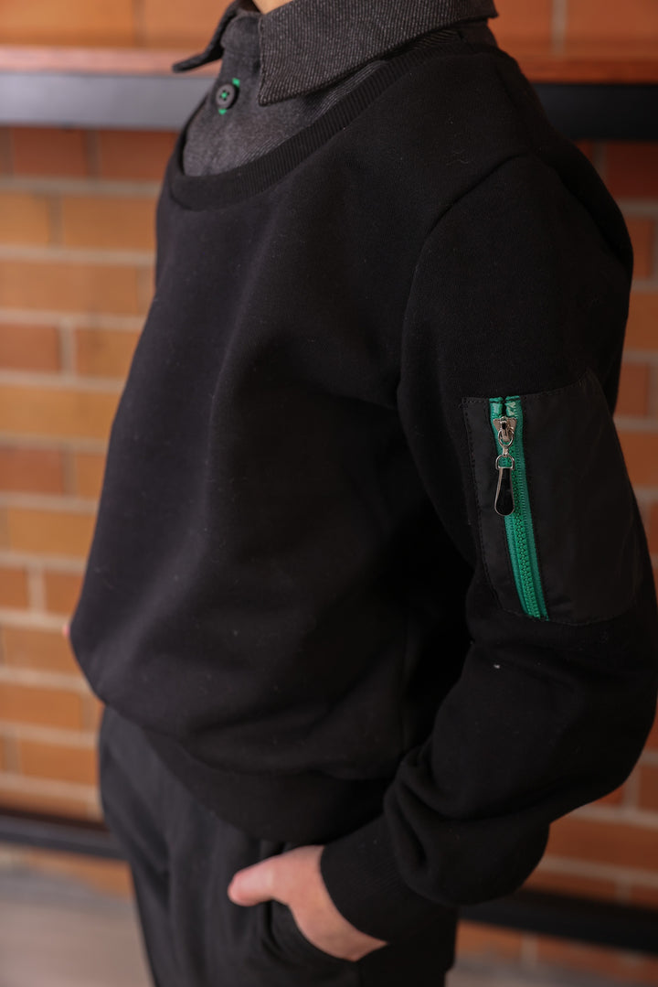 top l/s zipper sweatshirt with attached denim collar - black