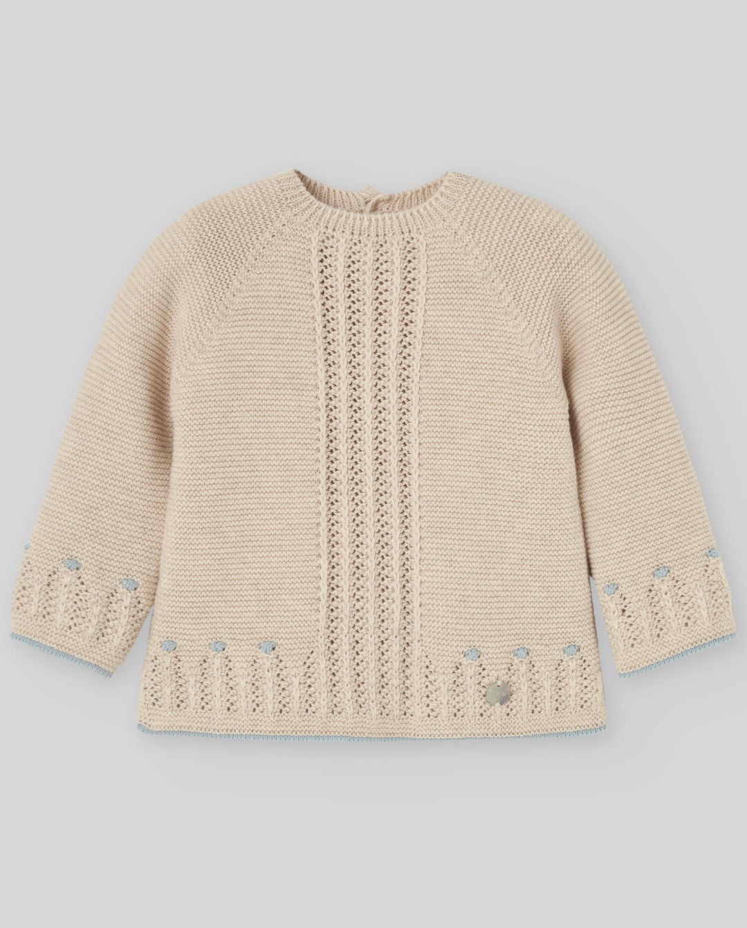 set knit sweater and footie pants with beanie and blanket - light brown/chalk