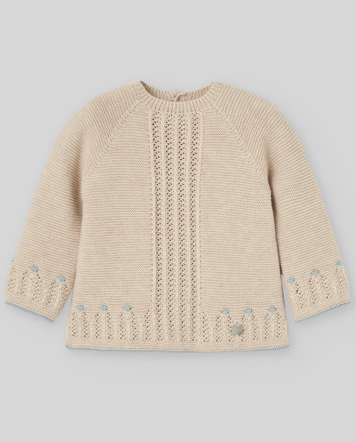 set knit sweater and footie pants with beanie and blanket - light brown/chalk