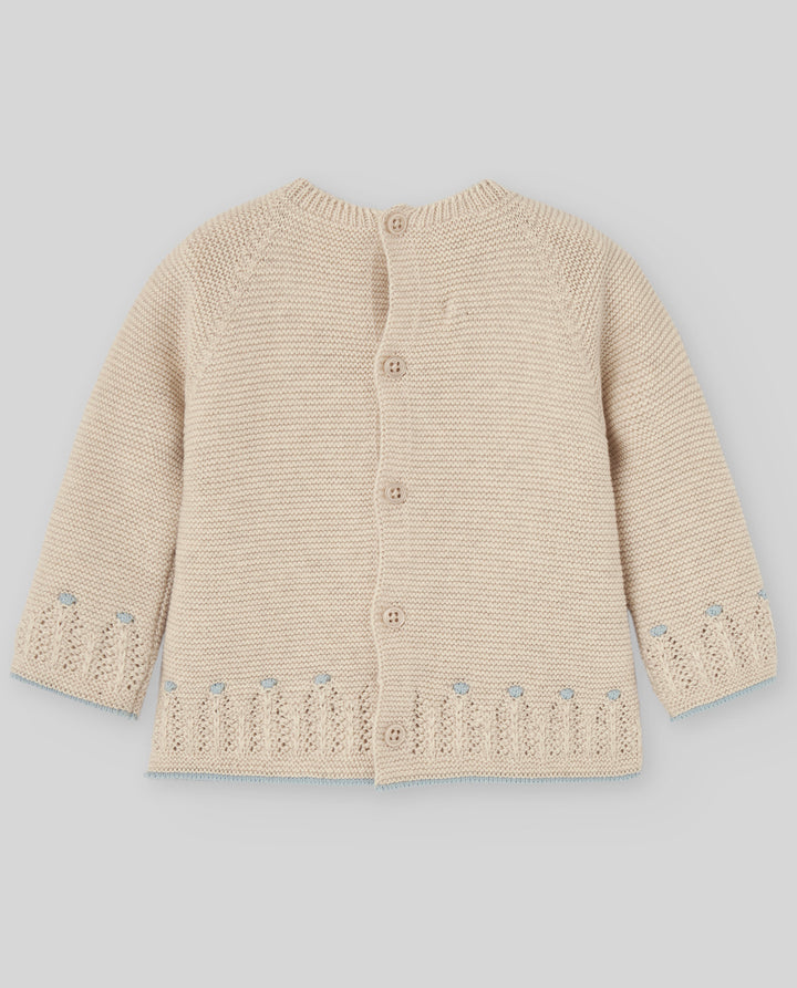 set knit sweater and footie pants with beanie and blanket - light brown/chalk