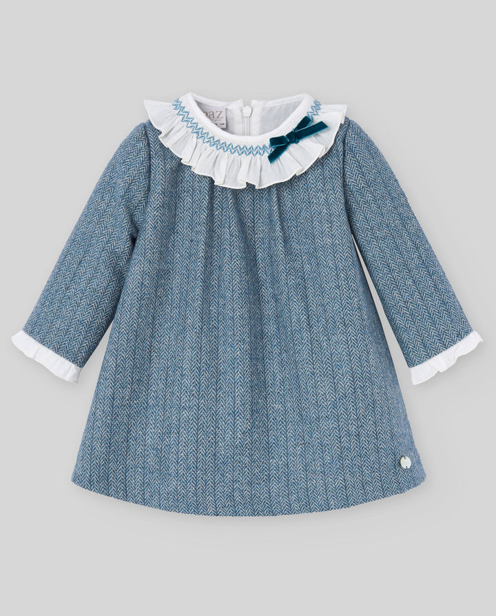 dress herringbone with frill collar - nile blue
