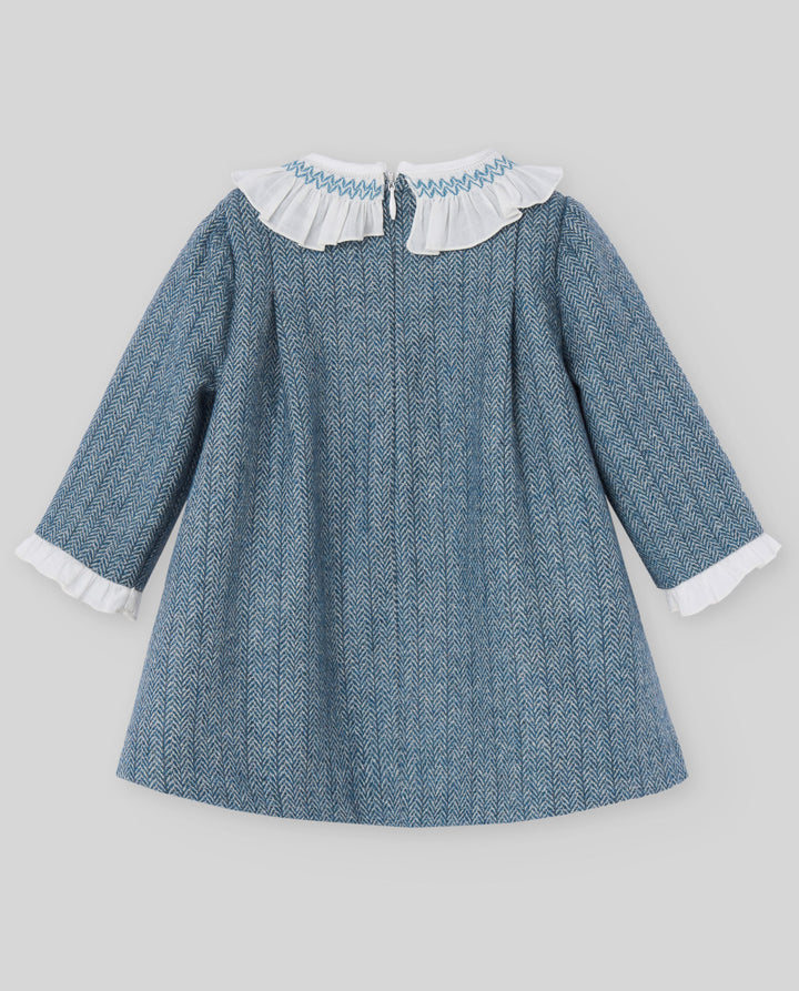 dress herringbone with frill collar - nile blue