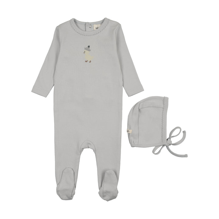 footie cotton embroidered duck with bonnet - gray dawn/yelow duck