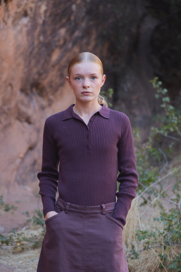 top l/s ribbed knit henley sweater - plum