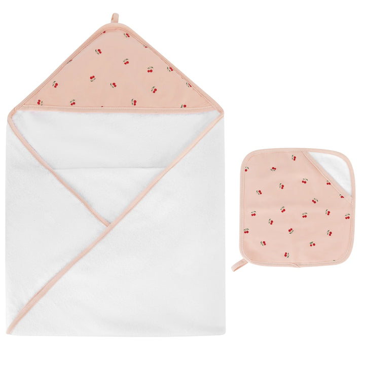 towel hooded+washcloth - pink cherries