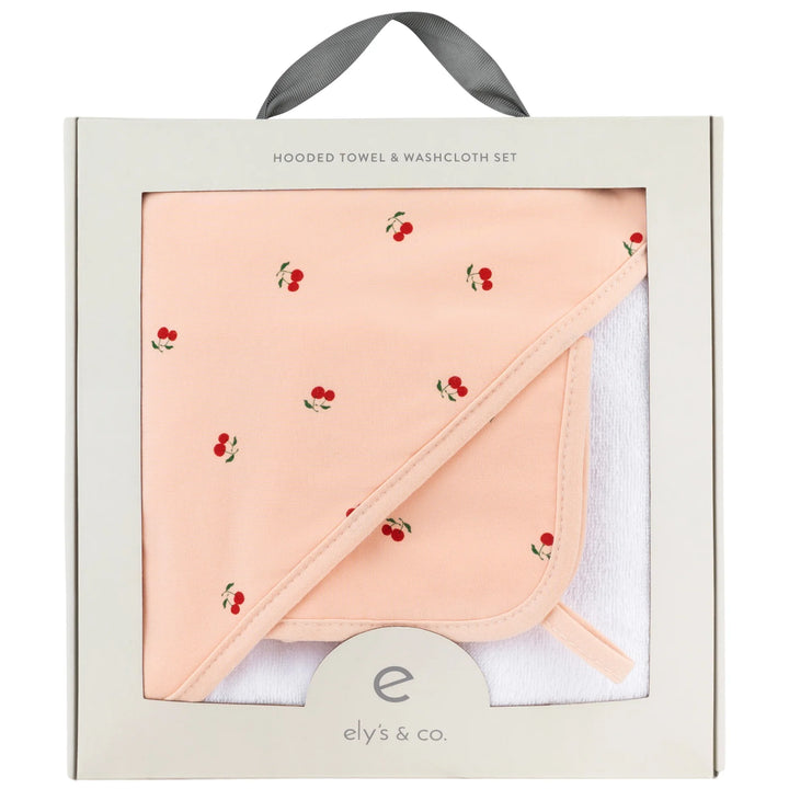 towel hooded+washcloth - pink cherries