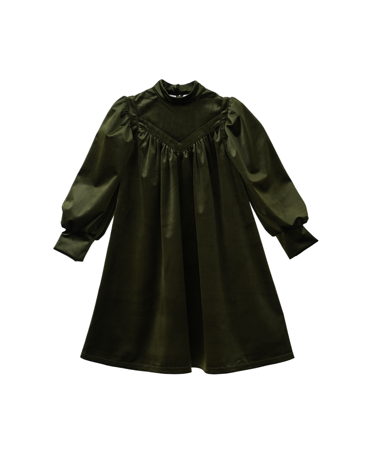 dress velvet v bib puff sleeve - olive green