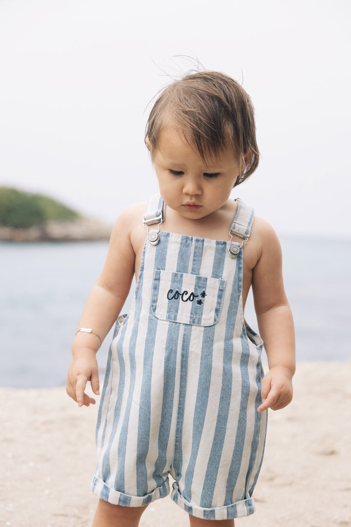 one piece bermuda striped long dungarees - light blue denim