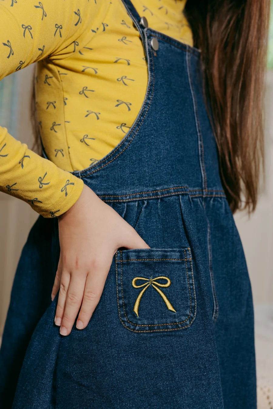 dress bow embroidered pinafore jumper - denim-80