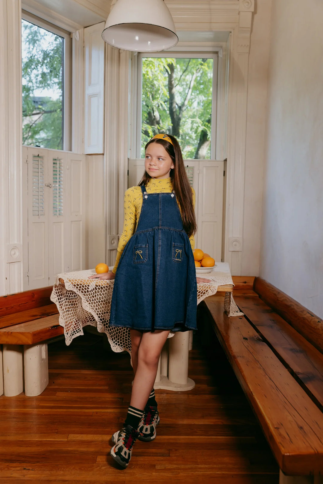 dress bow embroidered pinafore jumper - denim-80