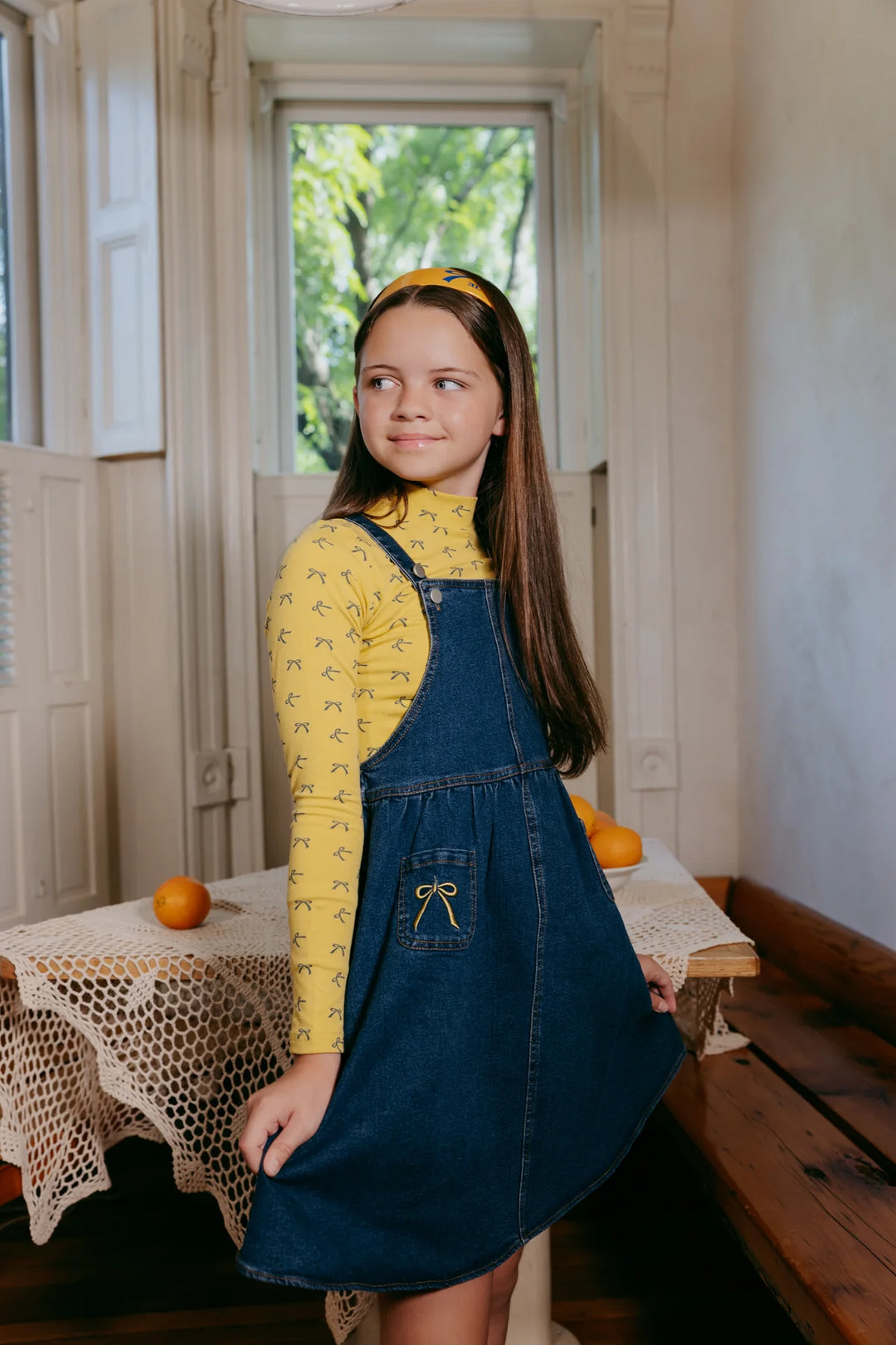 dress bow embroidered pinafore jumper - denim-80