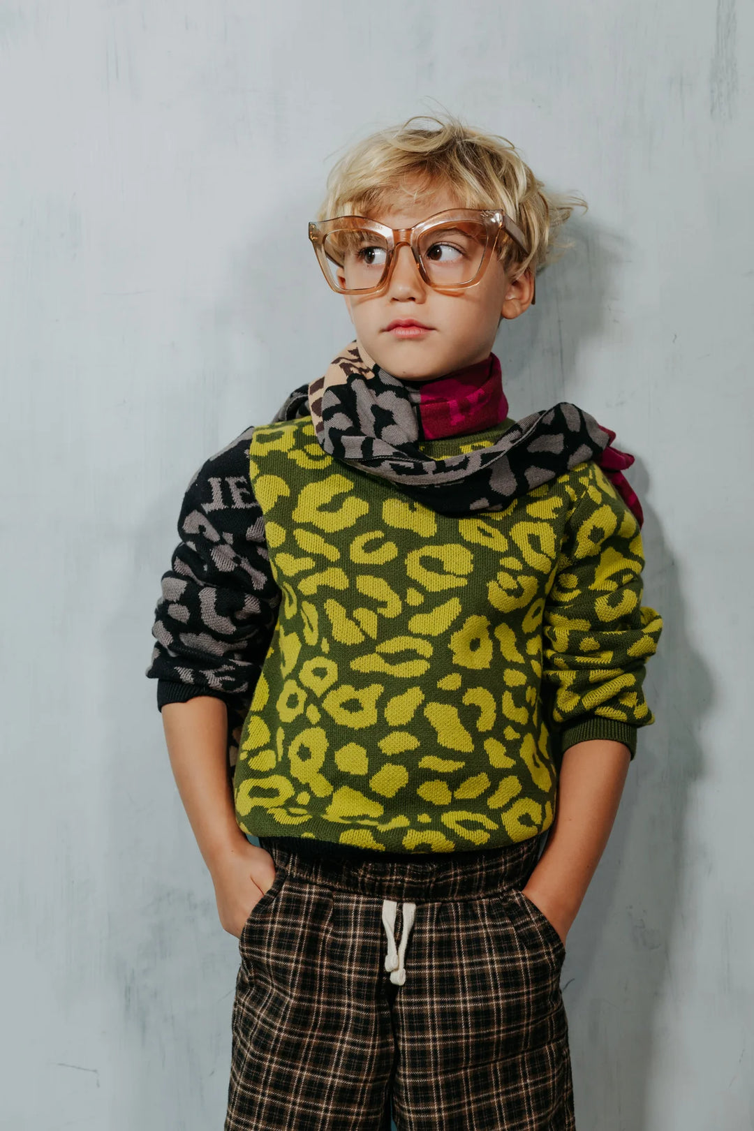 top l/s leopard print knit sweater - grey-287