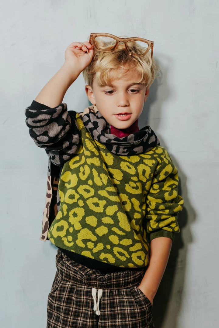 top l/s leopard print knit sweater - grey-287