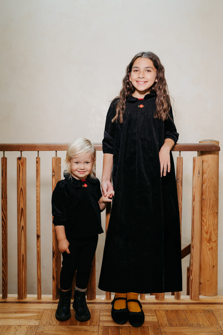 maxi dress corduroy smocked with frill collar - black-9