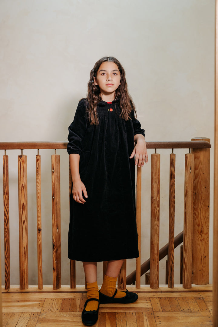 maxi dress corduroy smocked with frill collar - black-9