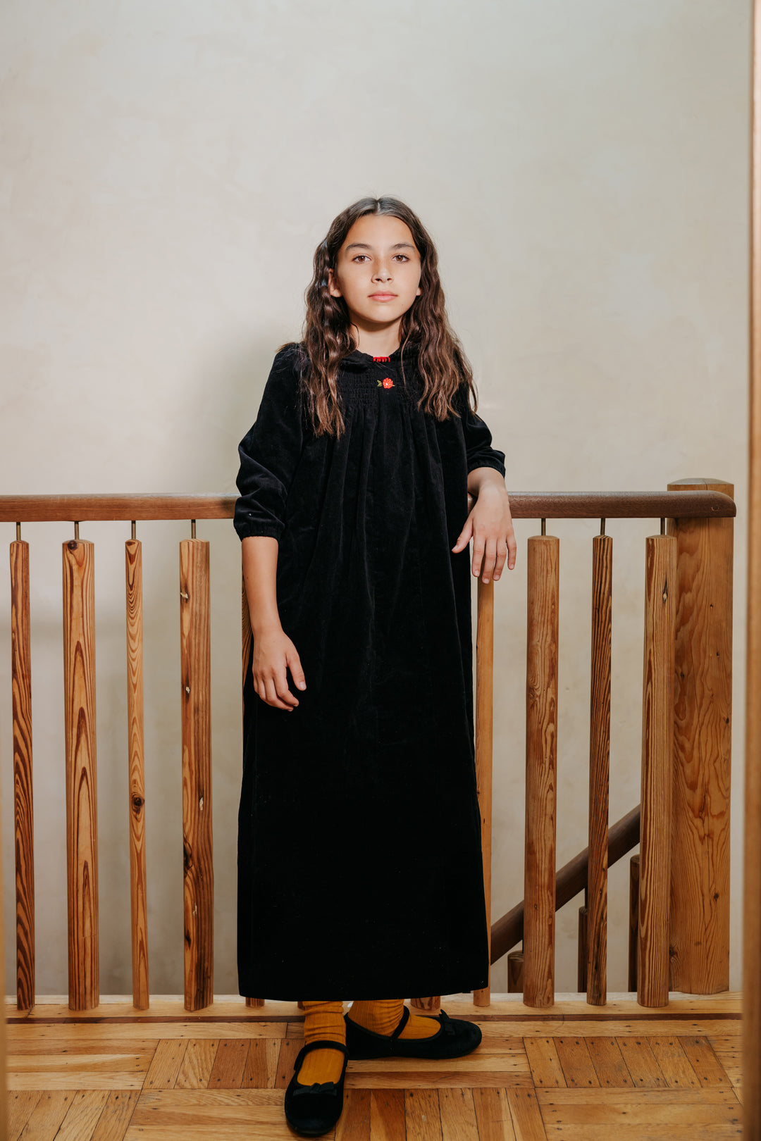 maxi dress corduroy smocked with frill collar - black-9