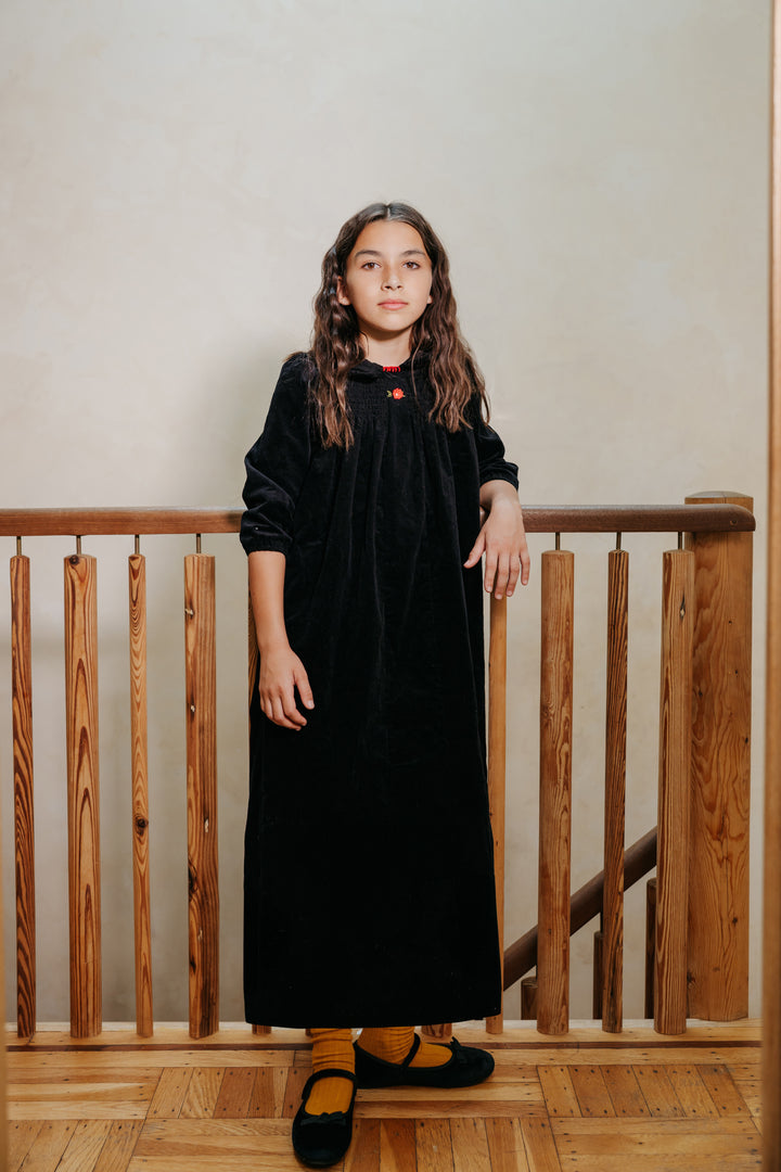 maxi dress corduroy smocked with frill collar - black-9