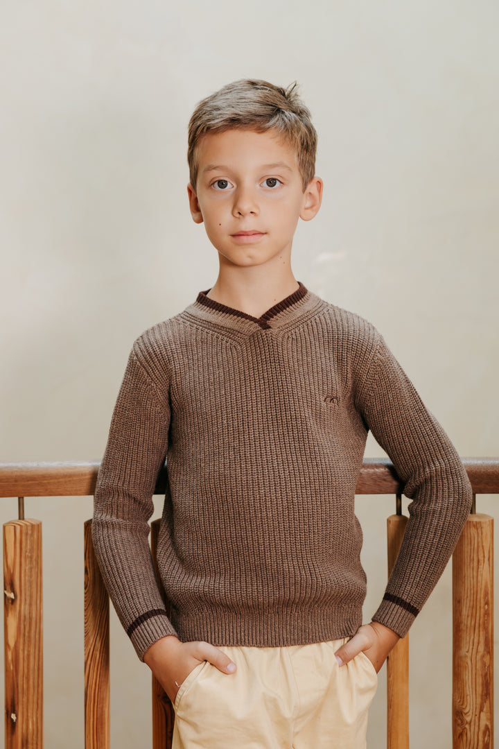 top l/s chunky knit stripe v neck sweater - mocha-491