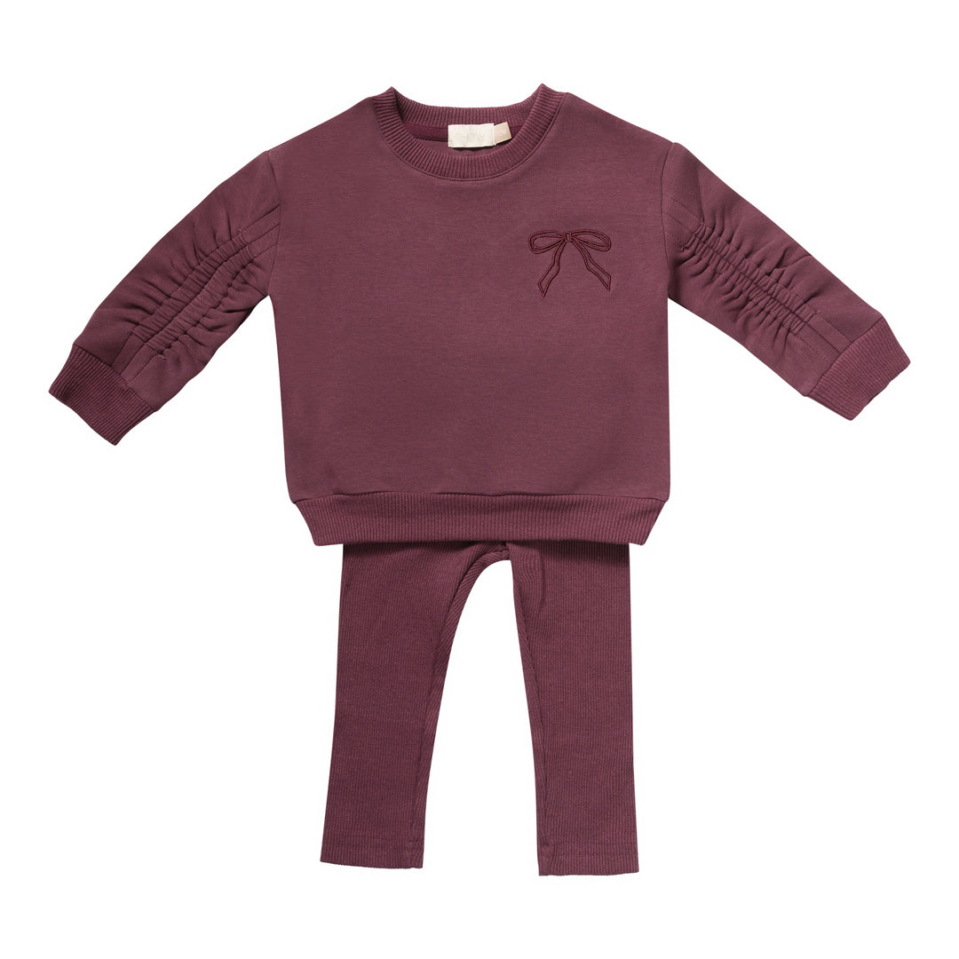 set outfit bow embroidered sweatshirt and sweatpants  - eggplant-84