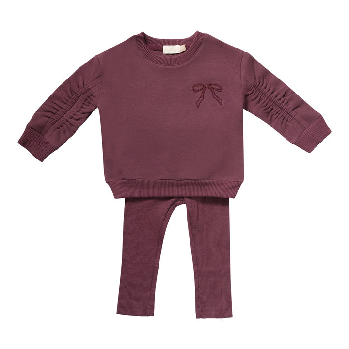 set outfit bow embroidered sweatshirt and sweatpants  - eggplant-84