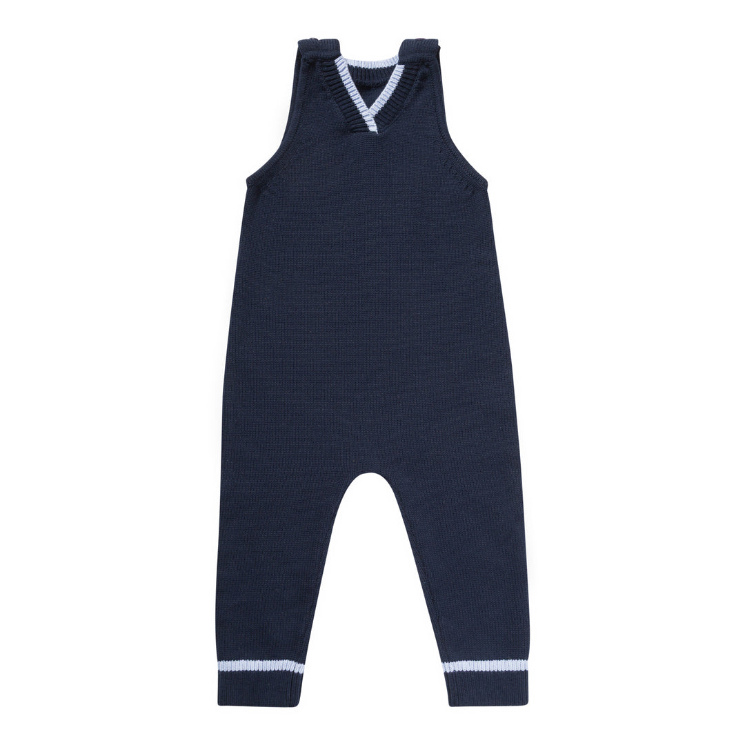 one piece knit striped v neck overalls - navy-8