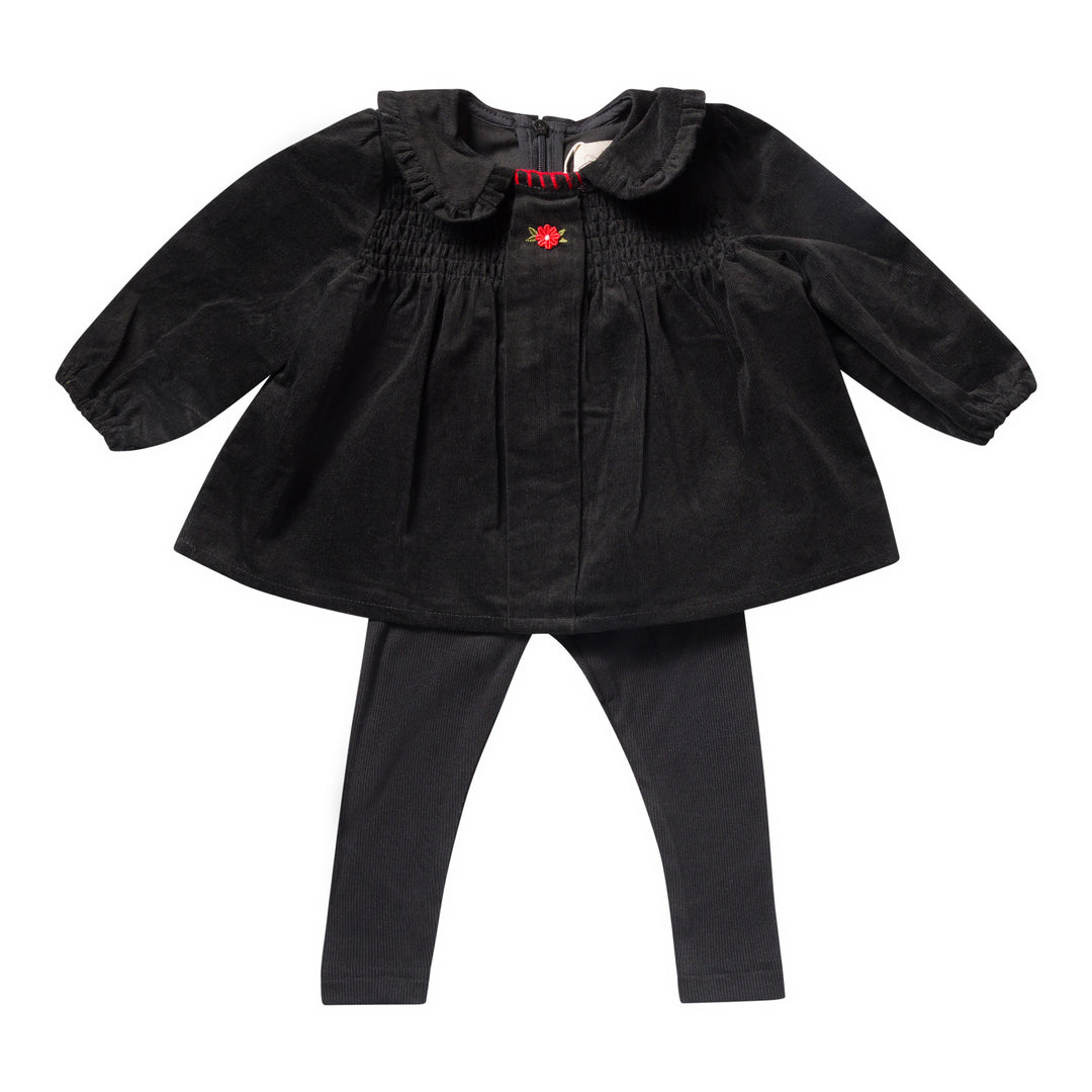 set outfit corduroy smocked shirt and leggings - black-9