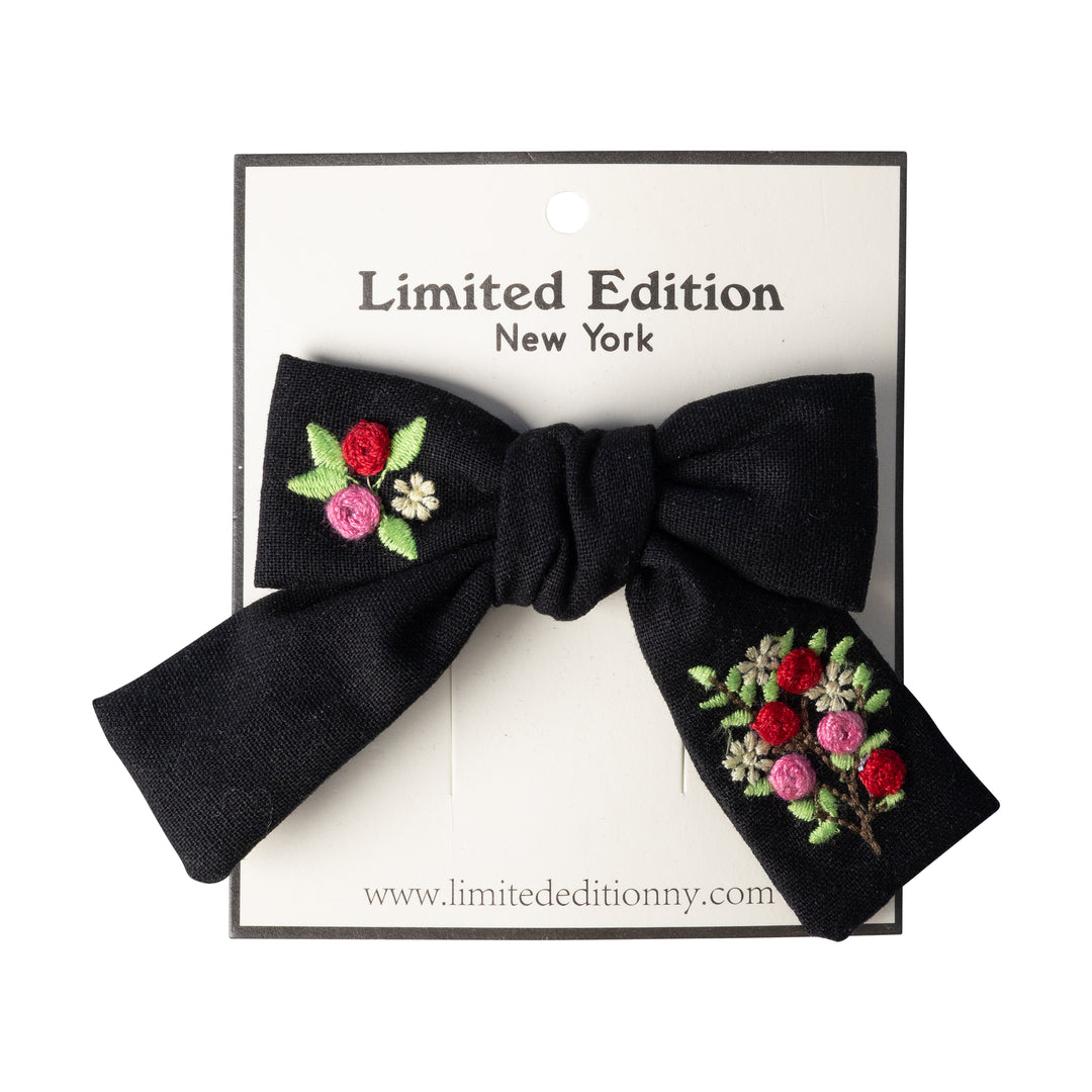 clip floral embroidered mini bow - black-5