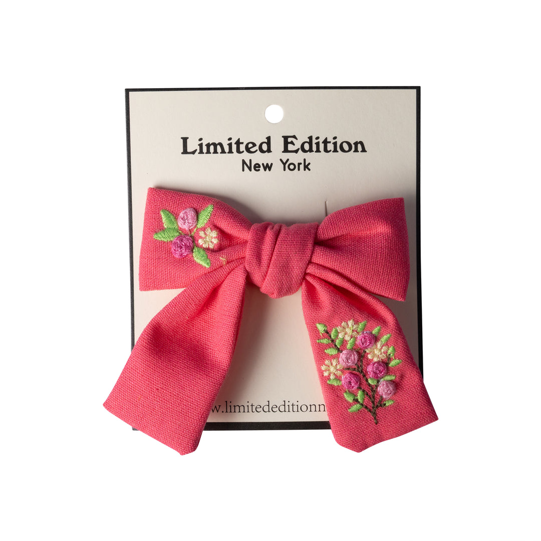 clip floral embroidered mini bow - candy pink-58