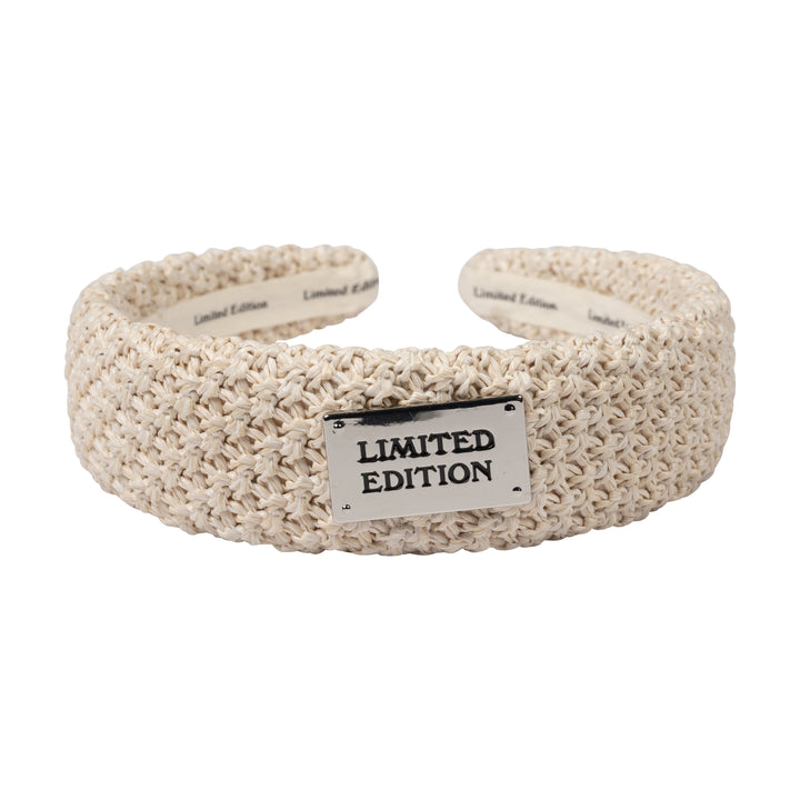 headband crochet raffia thick with logo plaque - pale beige-498