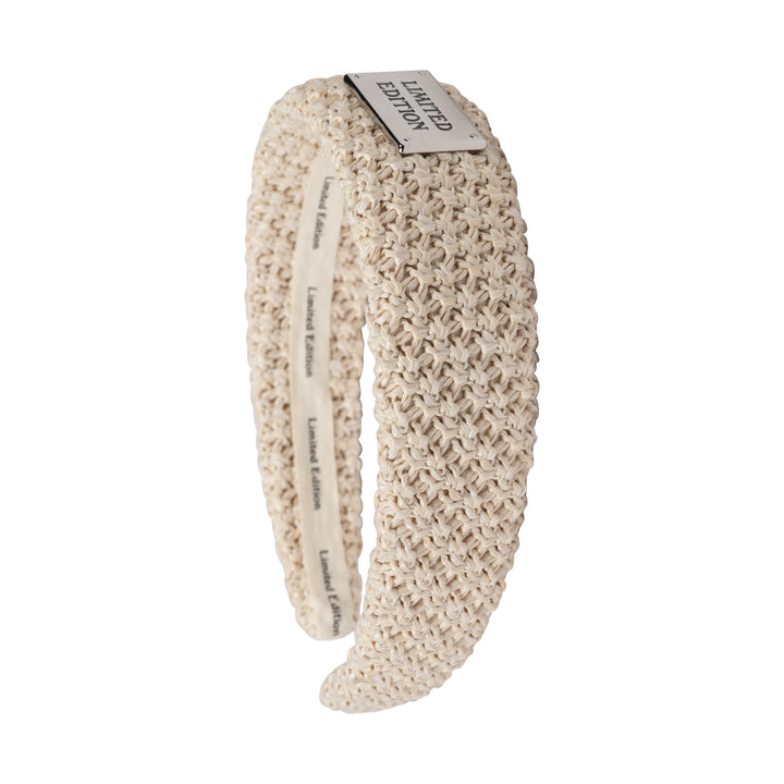 headband crochet raffia thick with logo plaque - pale beige-498