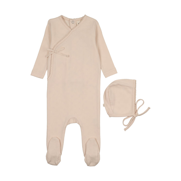 footie pointelle bow scalloped wrap with bonnet - light pink