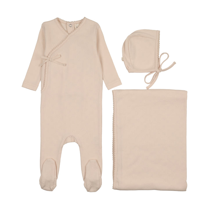 set footie pointelle bow scalloped wrap with bonnet and blanket - light pink