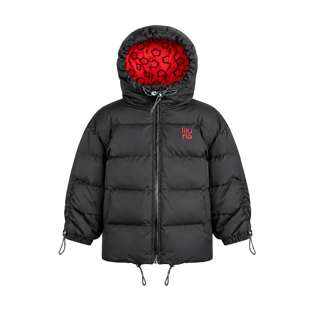 coat padded drawstring fringed piping detail with hood - black