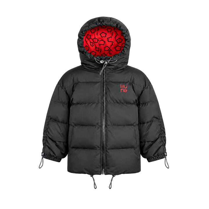 coat padded drawstring fringed piping detail with hood - black