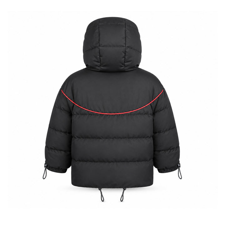 coat padded drawstring fringed piping detail with hood - black