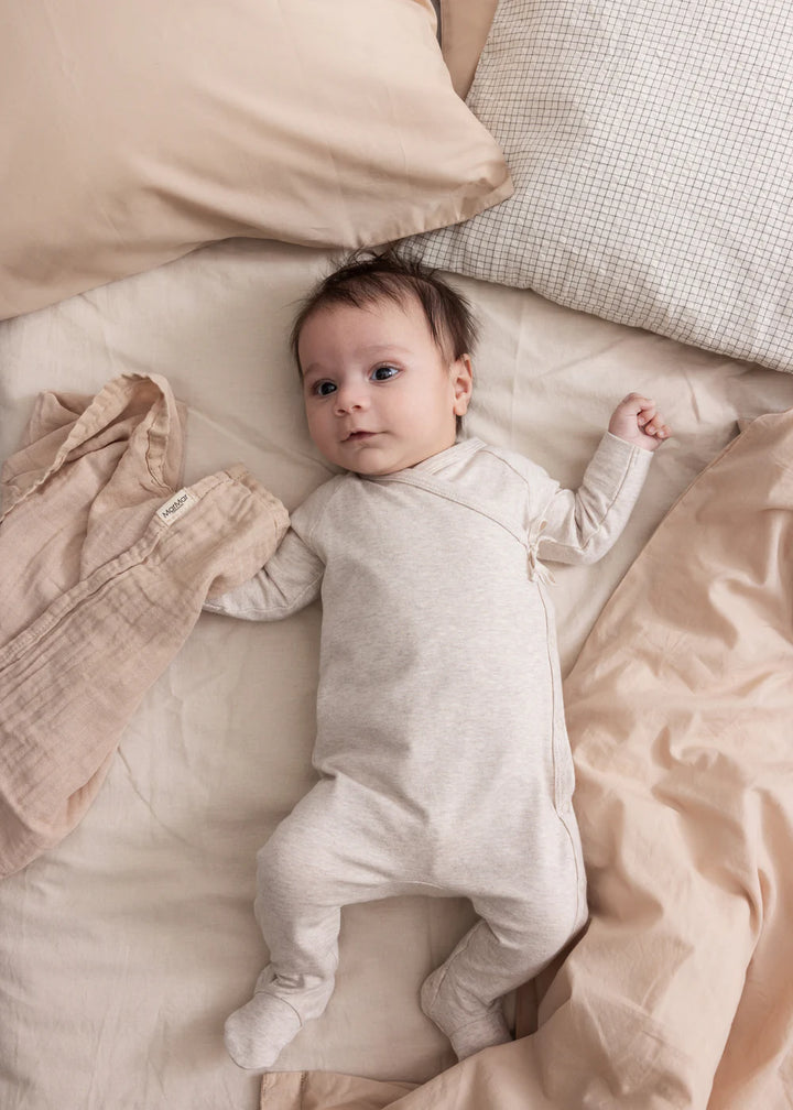 footie mix knit wrap with hat - light beige melange