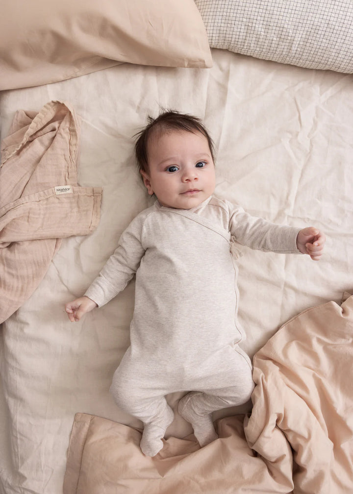 footie mix knit wrap with hat - light beige melange