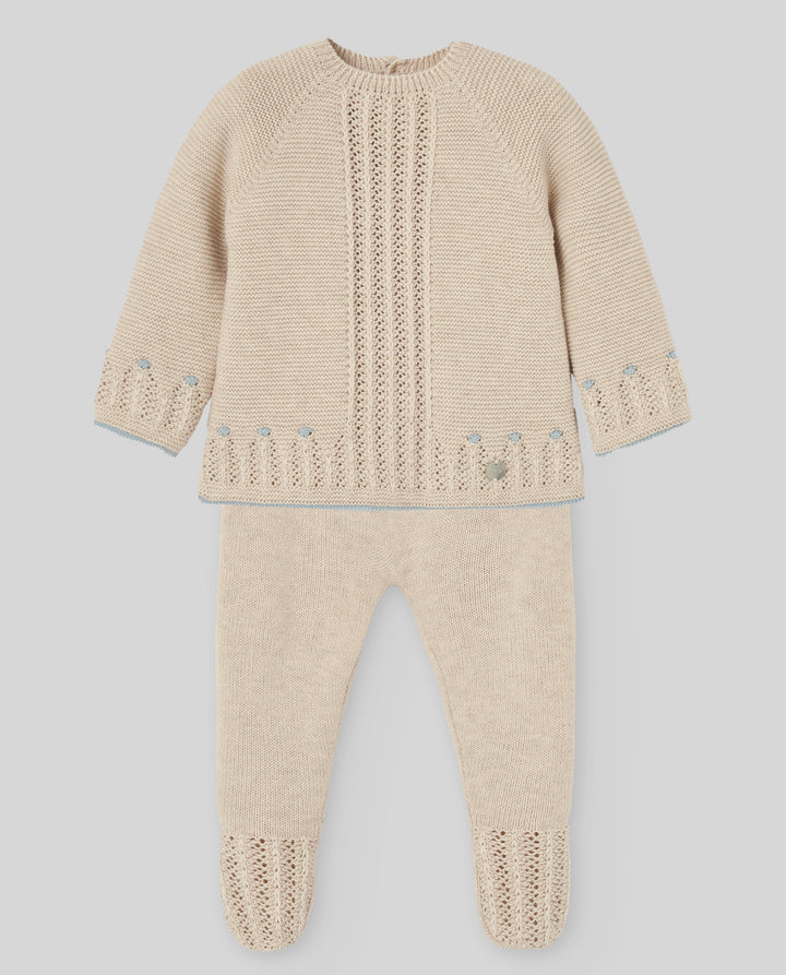 set knit sweater and footie pants with beanie and blanket - light brown/chalk