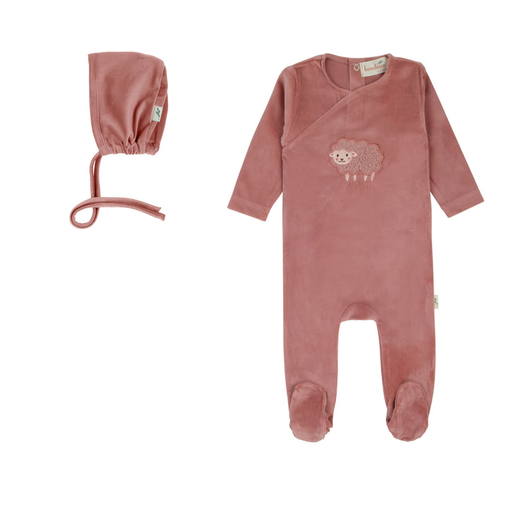 footie velour ribbed sheep with bonnet - rose