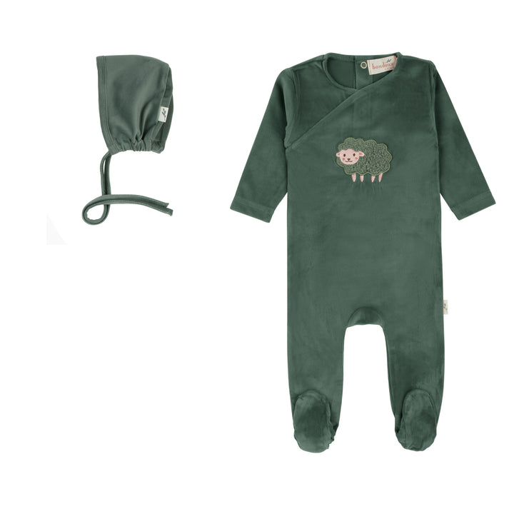 footie velour ribbed sheep with bonnet - green