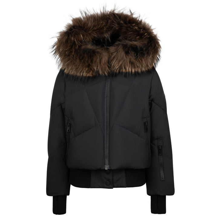 coat geo quilted with mixed fur hood - black