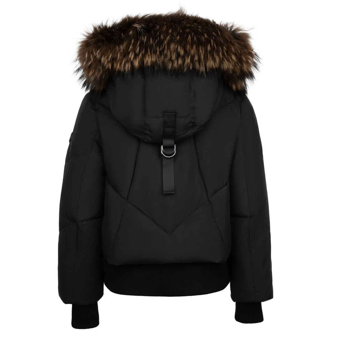 coat geo quilted with mixed fur hood - black